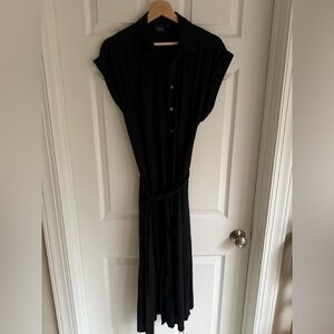 GAP Black Linen Button-Front Belted Midi Shirt Dress